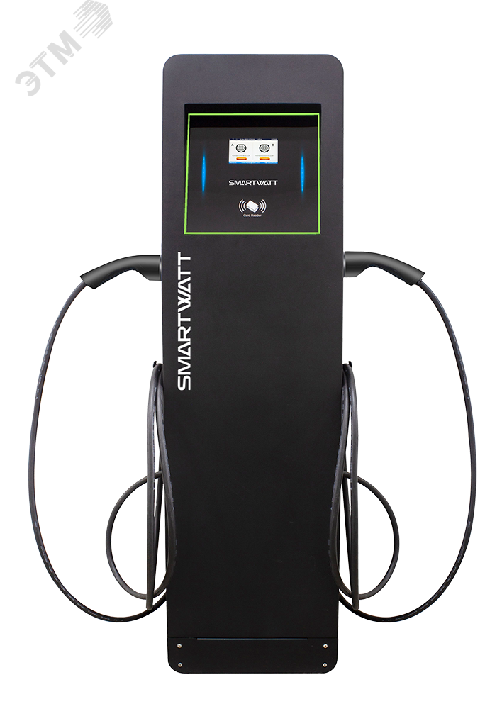 Зарядная станция для электромобиля SMARTWATT EVC, 44 кВт, коммерческая OCPP 1.6J, переменный ток, 3 фазы 380 В, два поста по 22 кВт 32 А, кабели по 5 метров, коннекторы Type2, IP54, черная стойка EVC AC 44K 3P CP2 Type2 ST-B SMARTWATT