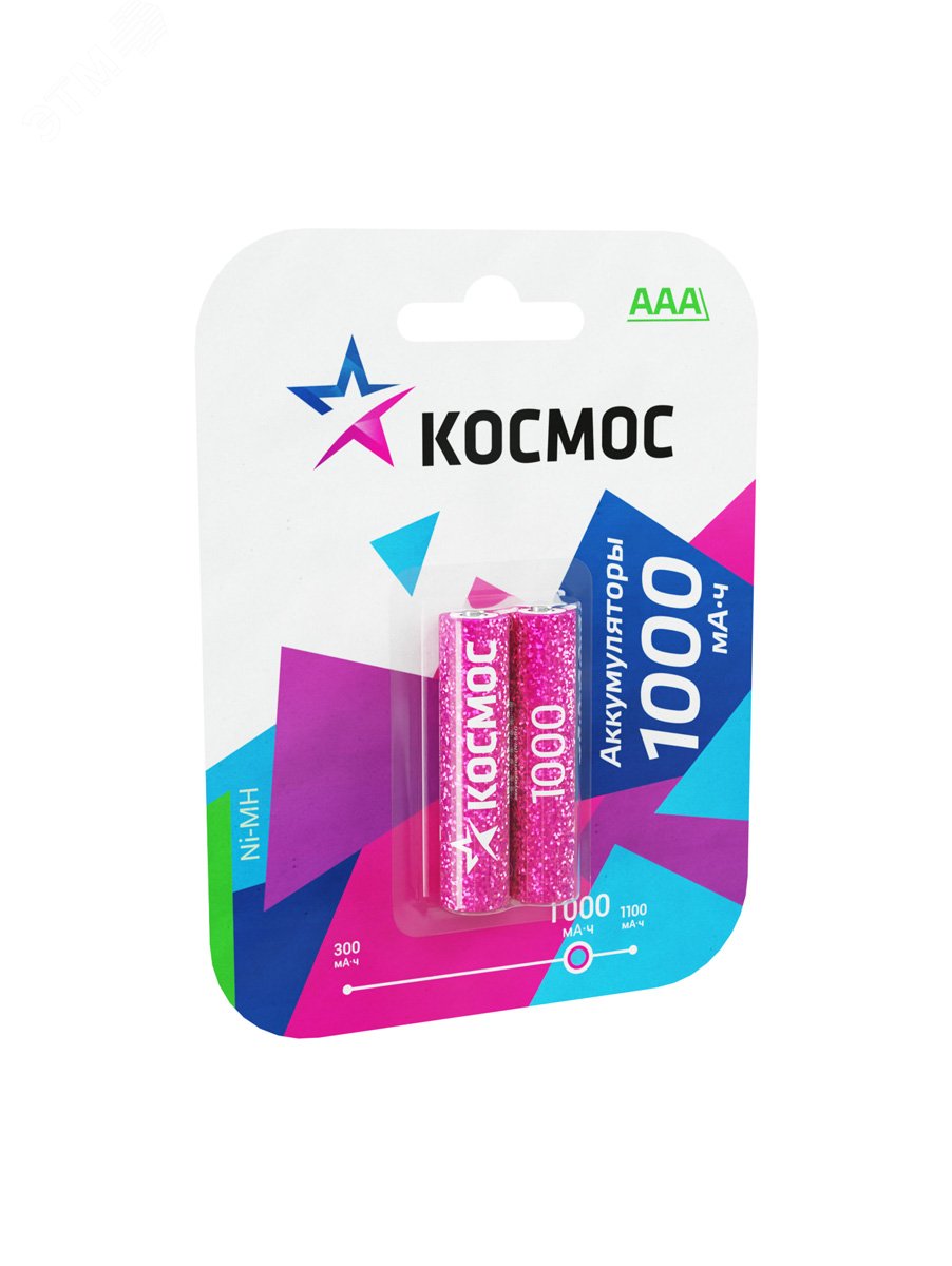 Батарейка аккумуляторная ААА 1000 мАч блистер 2 шт KOCR03NIMH(1000MAH) Космос